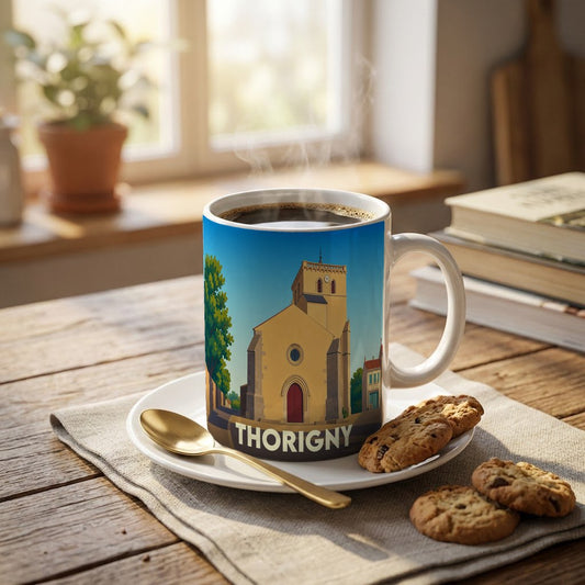 Mug souvenir de la ville de Thorigny avec une illustration stylisée de son église.