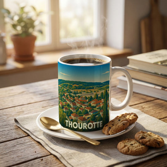 Mug souvenir de la ville de Thourotte orné d'une illustration panoramique stylisée.