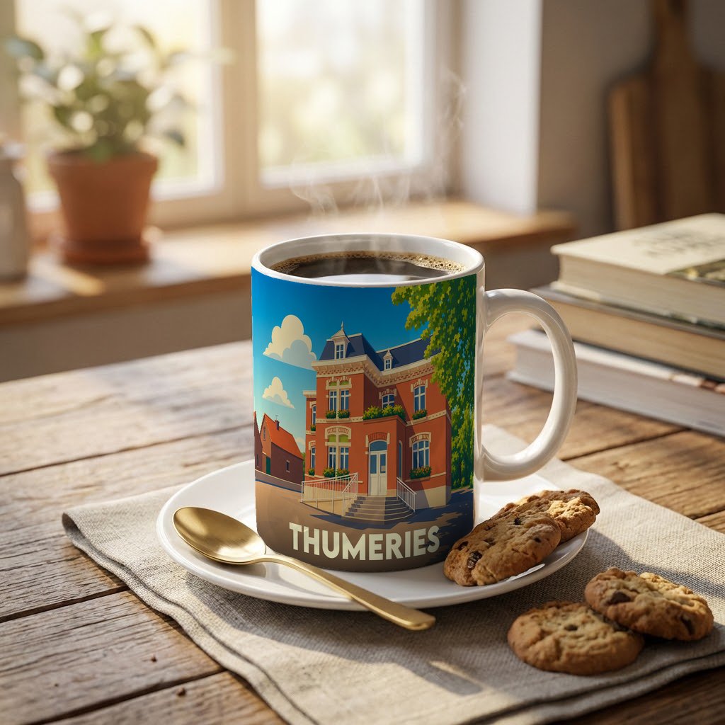 Mug souvenir de la ville de Thumeries illustré d'un bâtiment historique dans un style vintage.