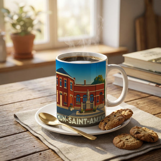 Mug souvenir de la ville de Thun-Saint-Amand orné d'une illustration stylisée de sa place principale.