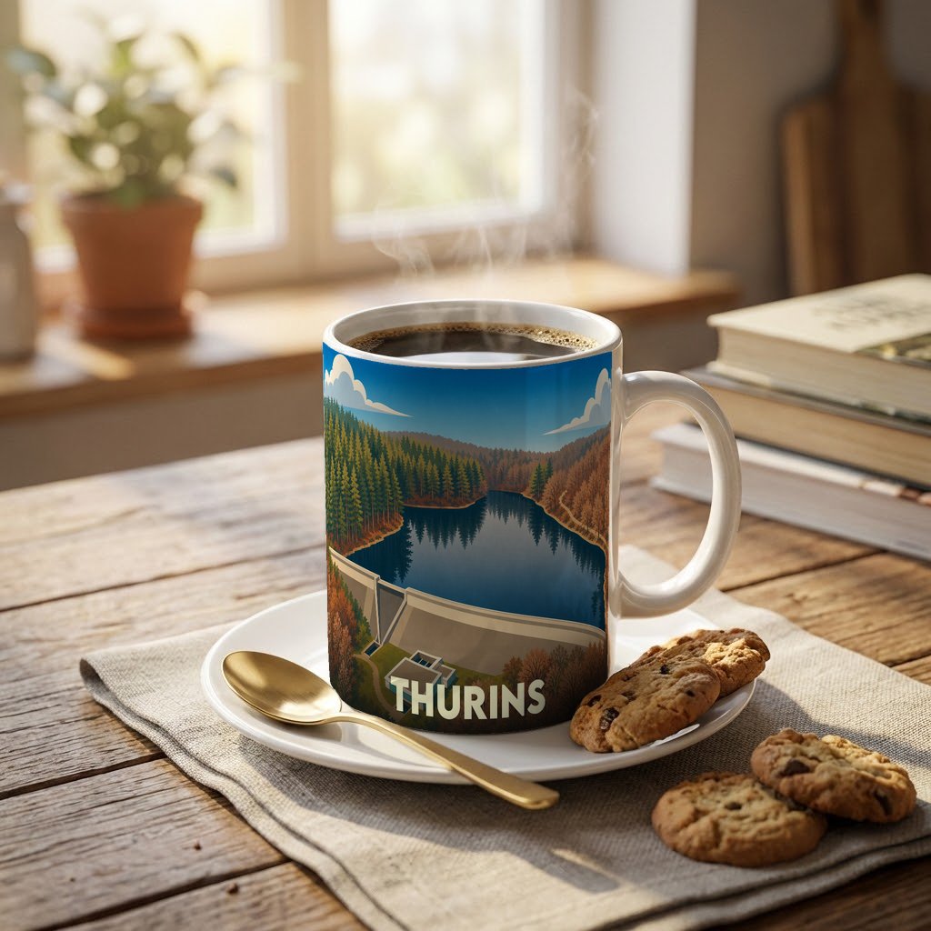 Mug souvenir de la ville de Thurins avec une illustration stylisée représentant un barrage et son lac.