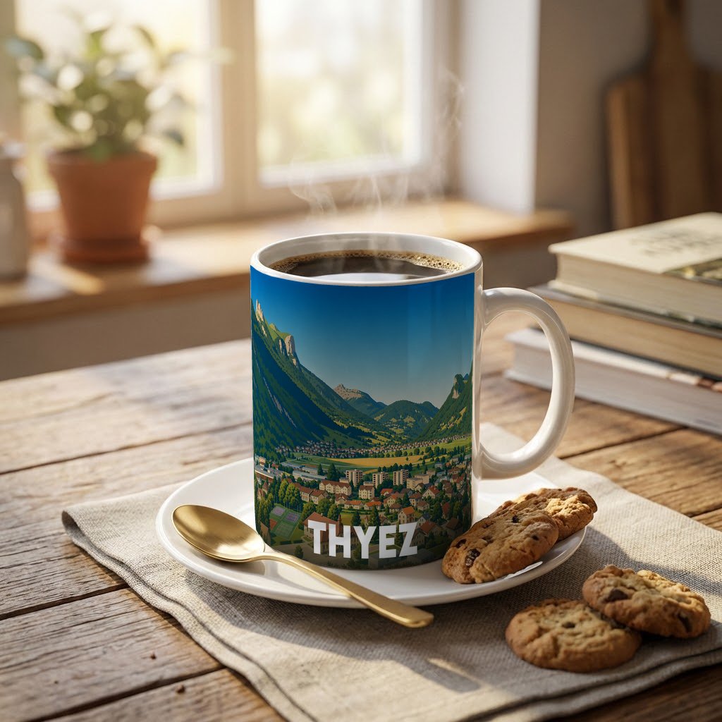 Mug souvenir de la ville de Thyez avec une illustration stylisée d'un paysage montagneux.