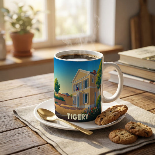 Mug souvenir de la ville de Tigery orné d'une illustration stylisée de son hôtel de ville.