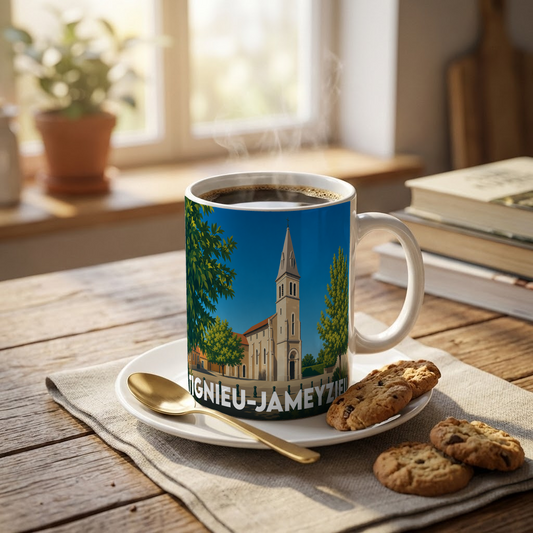 Mug souvenir de la ville de Tignieu-Jameyzieu avec une illustration stylisée de son église.