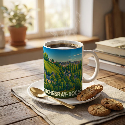 Mug souvenir de la ville de Tinchebray-Bocage orné d'une illustration paysagère stylisée.