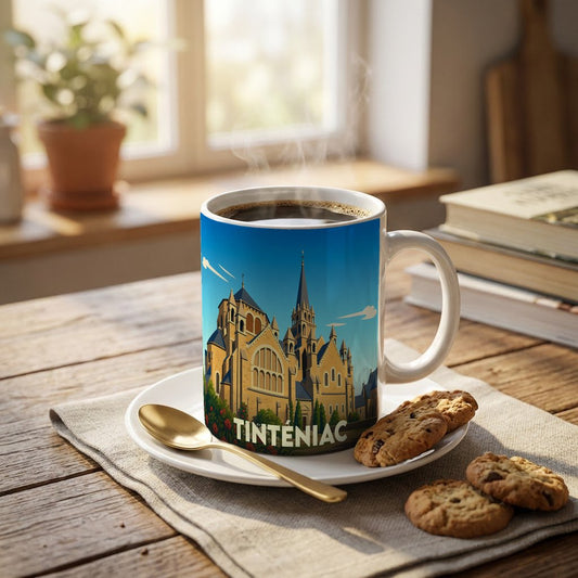 Mug souvenir de la ville de Tinténiac orné d'une illustration stylisée de son église.