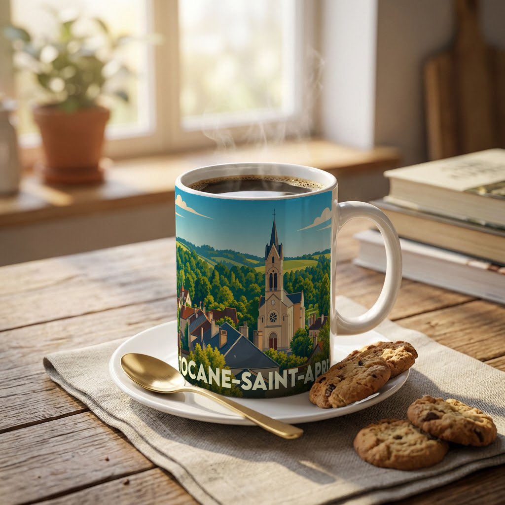 Mug souvenir de la ville de Tocane-Saint-Apre avec une illustration stylisée d'un paysage de village.