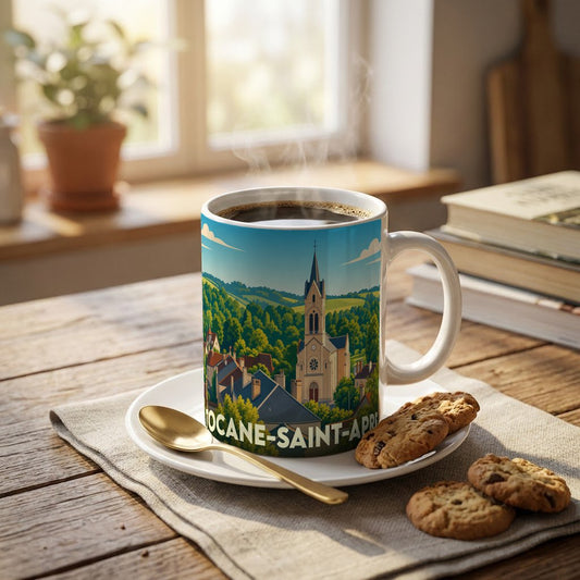 Mug souvenir de la ville de Tocane-Saint-Apre avec une illustration stylisée d'un paysage de village.