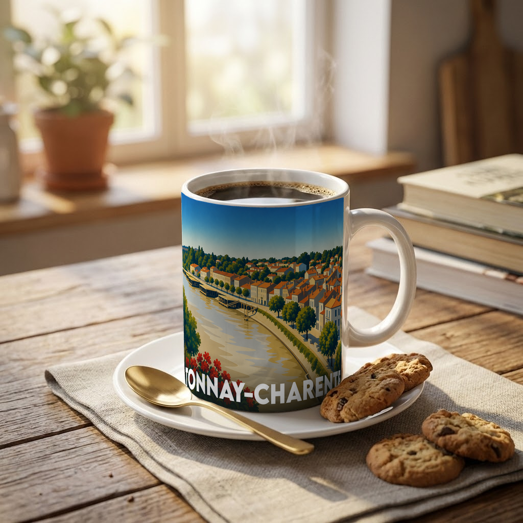 Mug souvenir de la ville de Tonnay-Charente orné d'une illustration stylisée représentant les quais et le fleuve.