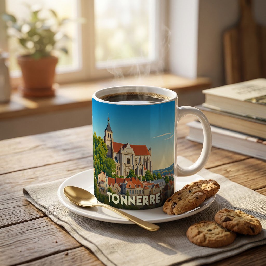 Mug souvenir de la ville de Tonnerre avec une illustration stylisée de son église et de ses maisons.