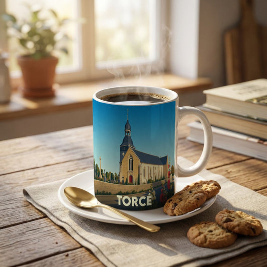 Mug souvenir de la ville de Torcé avec une illustration stylisée de son église.