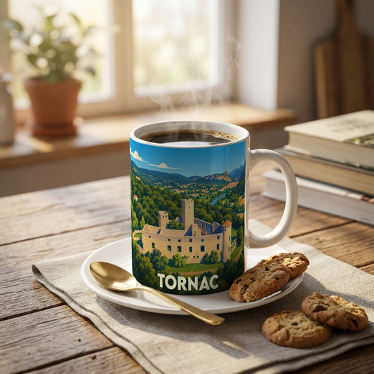 Mug souvenir de la ville de Tornac orné d'une illustration stylisée de son château médiéval.