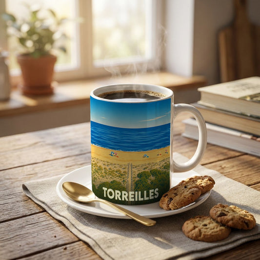 Mug souvenir de la ville de Torreilles orné d'une illustration de plage stylisée.