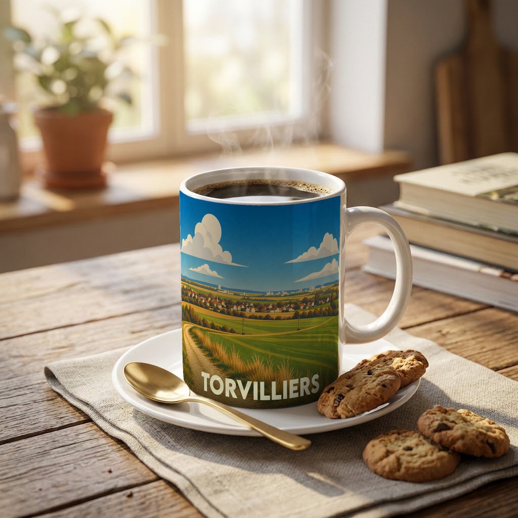 Mug souvenir de la ville de Torvilliers avec une illustration stylisée de paysages ruraux.
