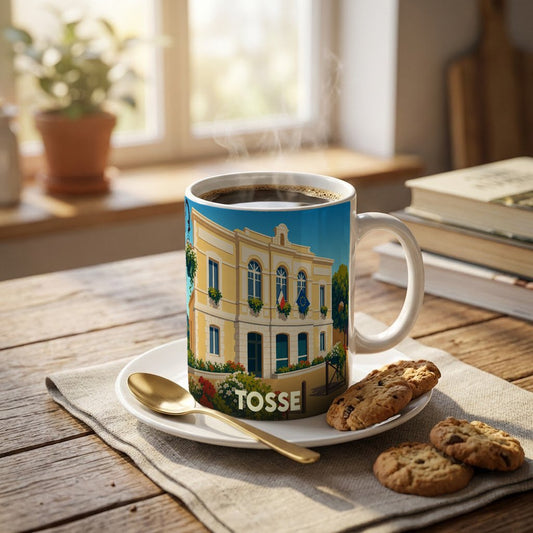 Mug souvenir de la ville de Tosse avec une illustration stylisée de sa mairie.