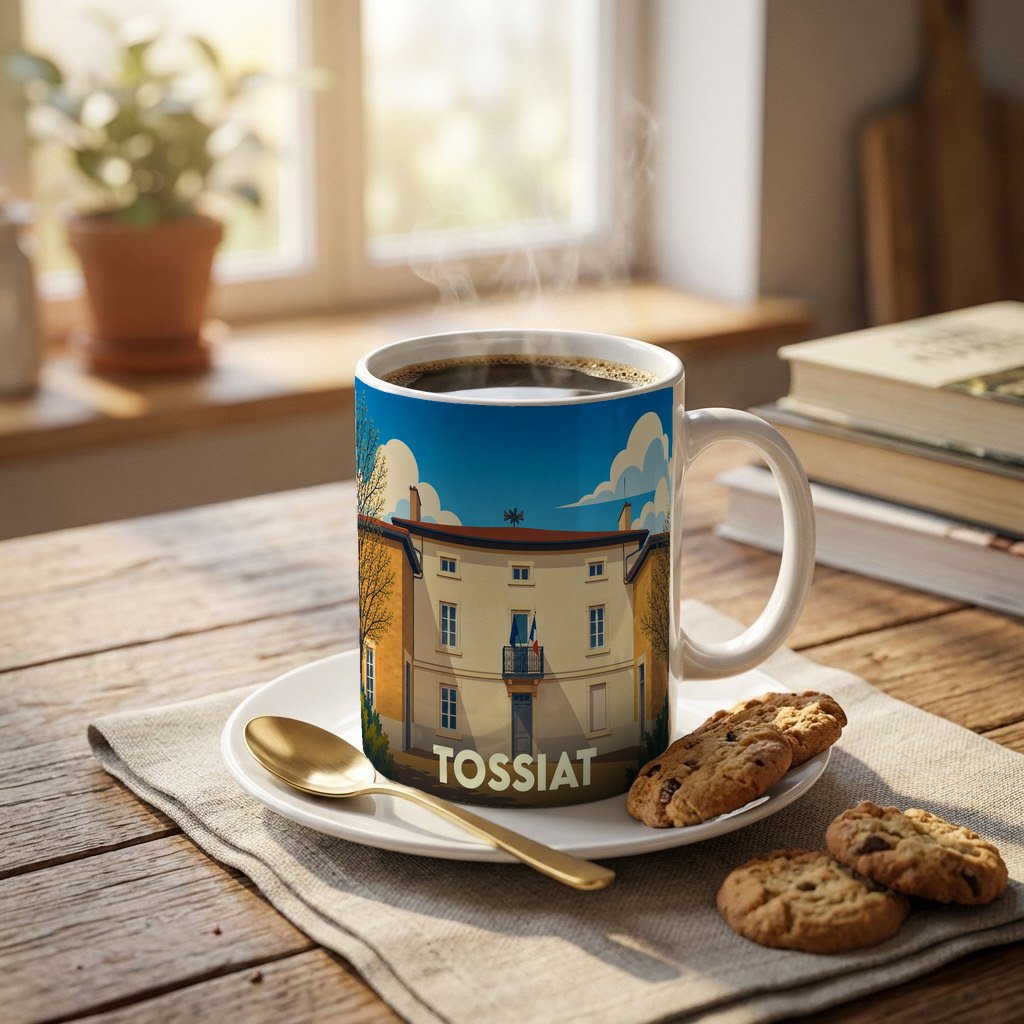 Mug souvenir de la ville de Tossiat orné d'une illustration stylisée de son hôtel de ville.
