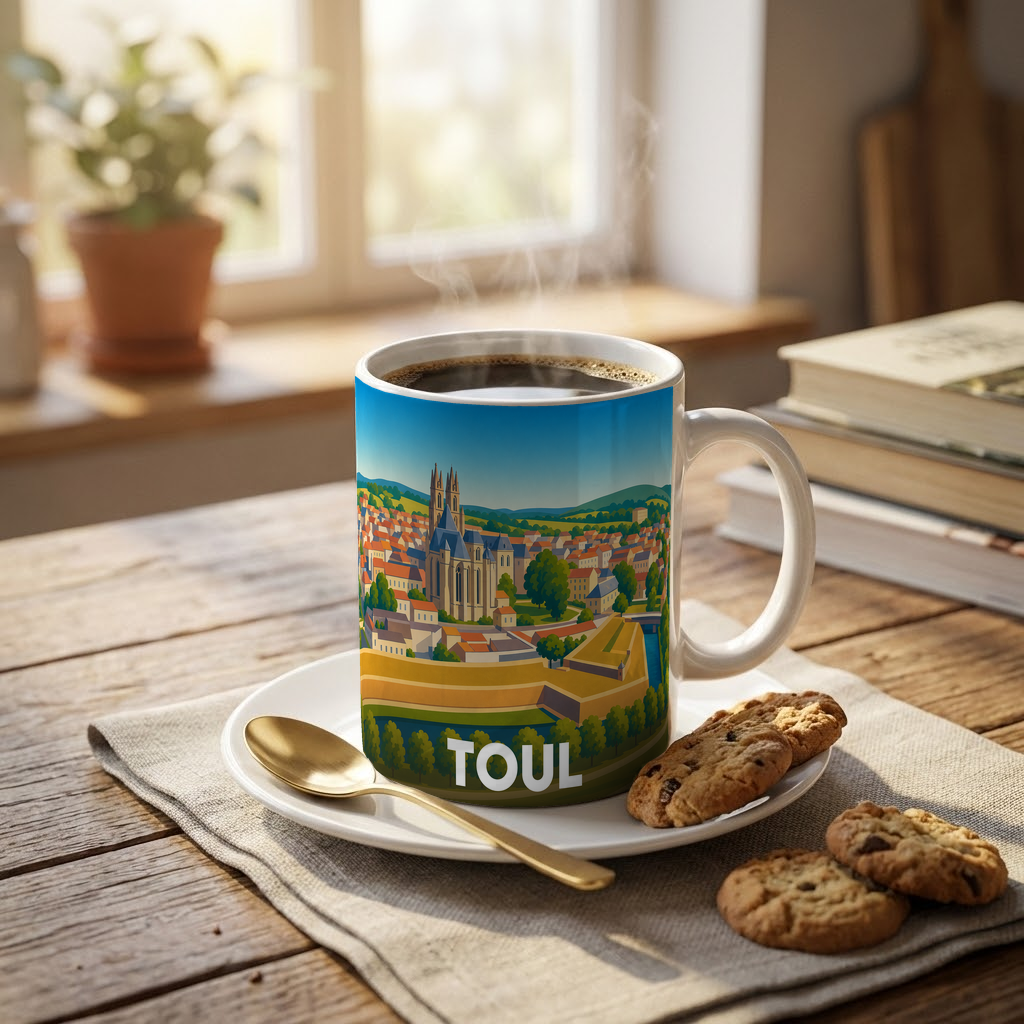 Mug souvenir de la ville de Toul avec une illustration stylisée.
