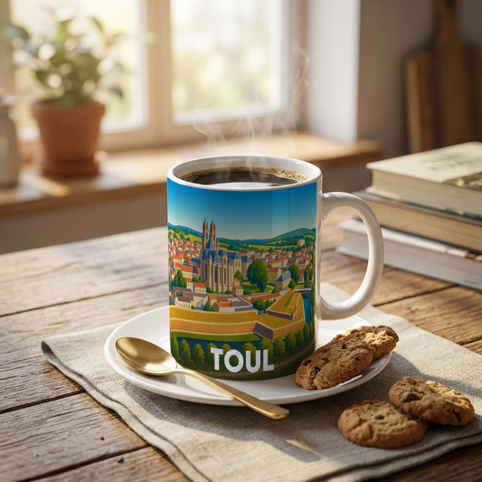 Mug souvenir de la ville de Toul avec une illustration stylisée.