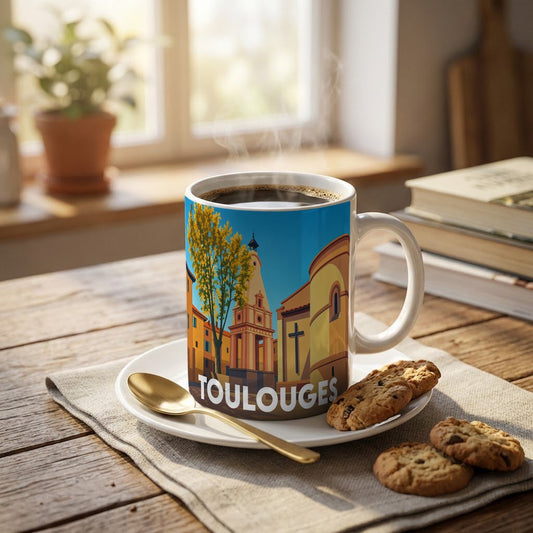 Mug souvenir de la ville de Toulouges avec une illustration stylisée et colorée de son architecture.