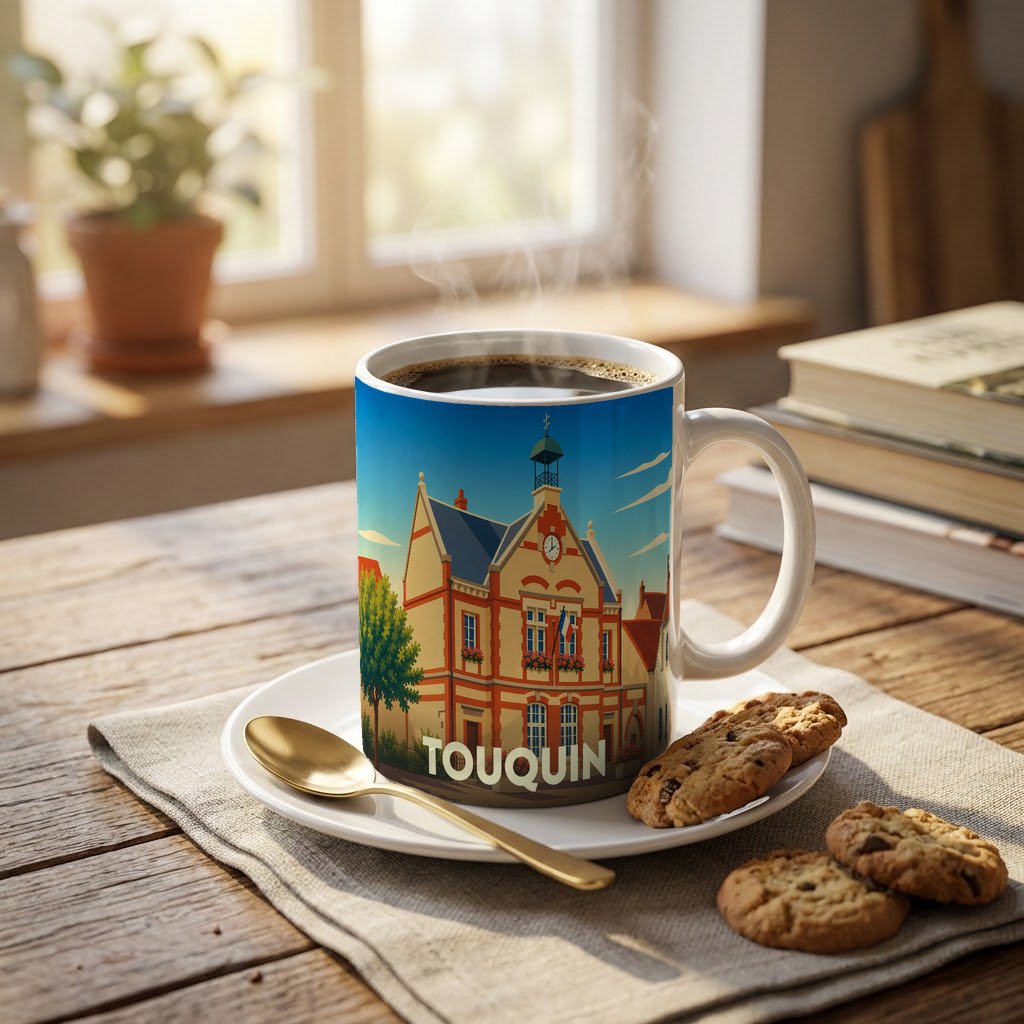 Mug souvenir de la ville de Touquin avec une illustration stylisée de sa mairie.