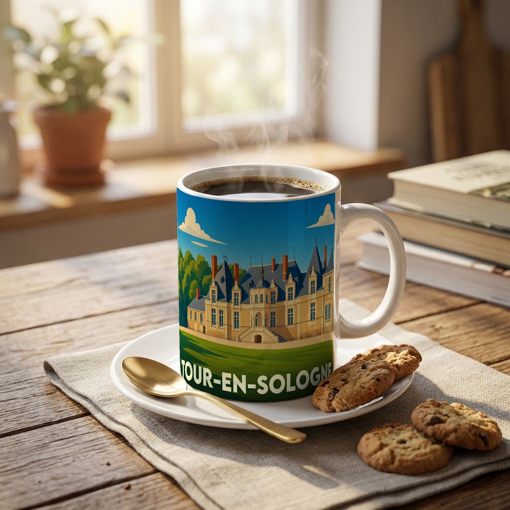 Mug souvenir de la ville de Tour-en-Sologne avec une illustration stylisée d'un château.