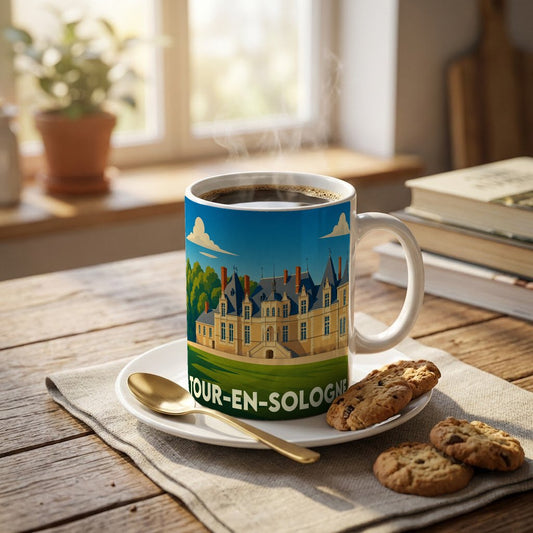 Mug souvenir de la ville de Tour-en-Sologne avec une illustration stylisée d'un château.