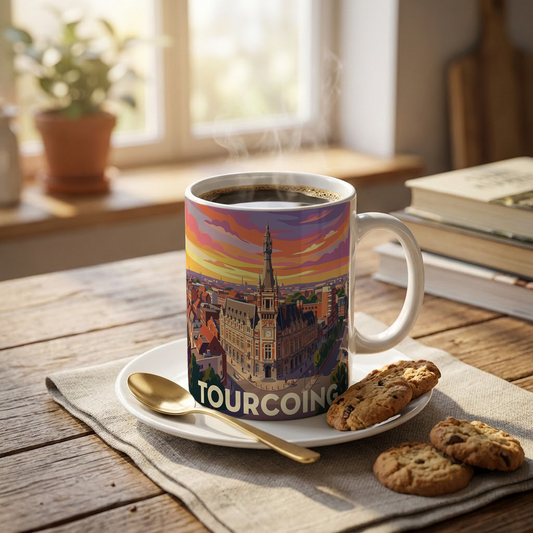 Mug souvenir de la ville de Tourcoing avec une illustration stylisée.