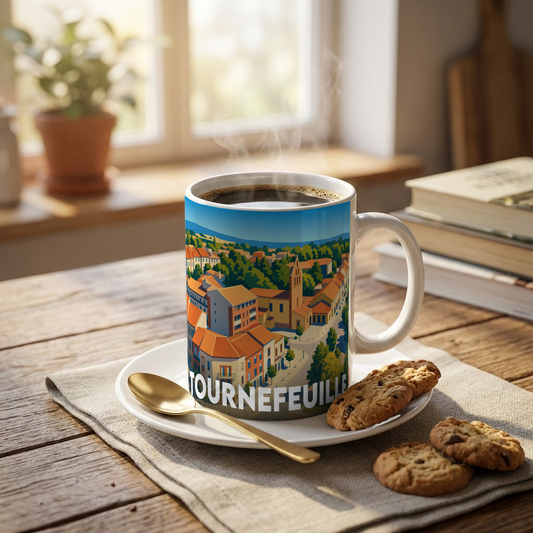 Mug souvenir de la ville de Tournefeuille avec une illustration stylisée.