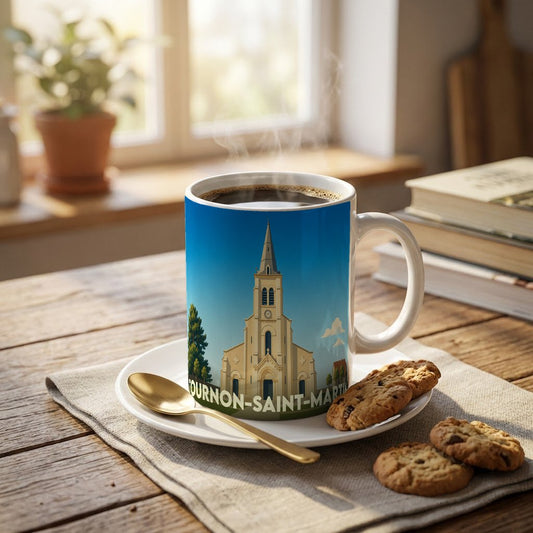 Mug souvenir de la ville de Tournon-Saint-Martin avec une illustration stylisée de son église.