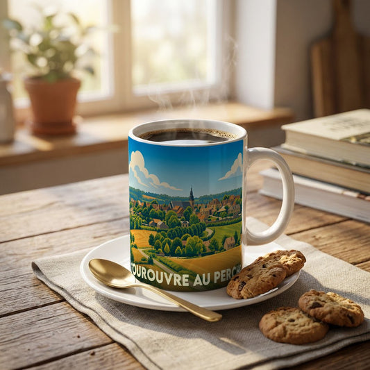 Mug souvenir de la ville de Tourouvre au Perche orné d'une illustration paysagère stylisée.