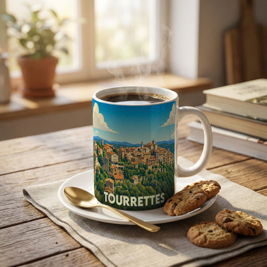 Mug souvenir de la ville de Tourrettes illustré d'un paysage provençal stylisé.