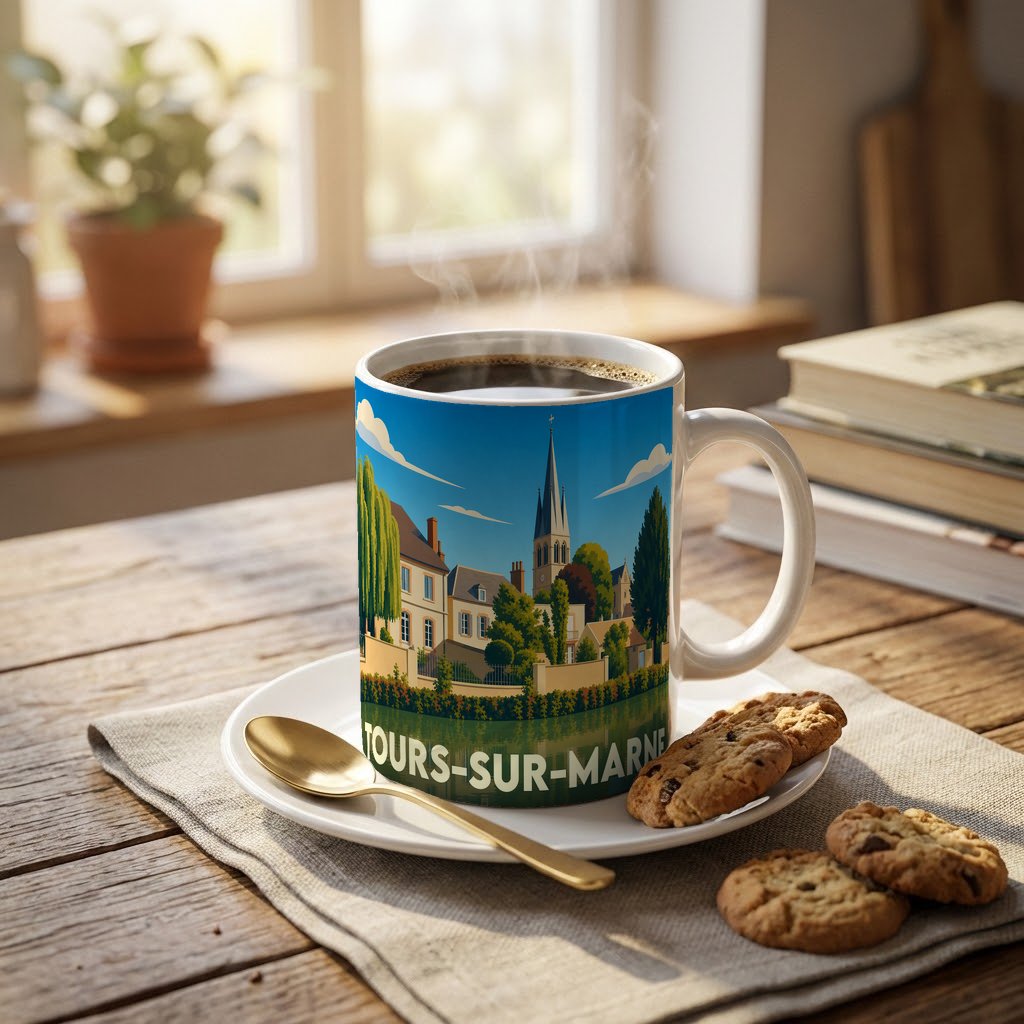 Mug souvenir de la ville de Tours-sur-Marne orné d'une illustration stylisée de son église et de ses paysages.