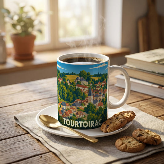 Mug souvenir de la ville de Tourtoirac orné d'une illustration stylisée du village et de son paysage.