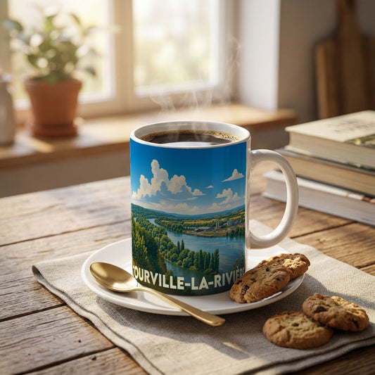 Mug souvenir de la ville de Tourville-la-Rivière avec une illustration stylisée d'un paysage fluvial.