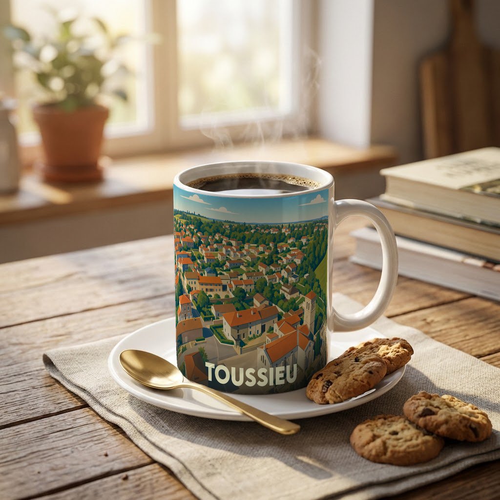 Mug souvenir de la ville de Toussieu orné d'une illustration panoramique colorée.