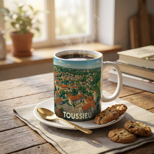 Mug souvenir de la ville de Toussieu orné d'une illustration panoramique colorée.
