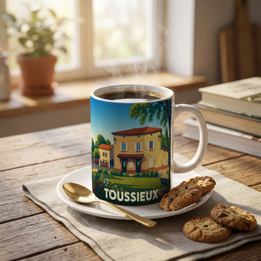 Mug souvenir de la ville de Toussieux avec une illustration stylisée d'une maison provençale.