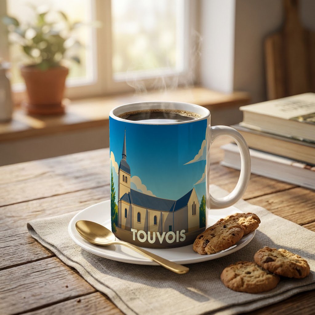 Mug souvenir de la ville de Touvois avec une illustration stylisée de son église.