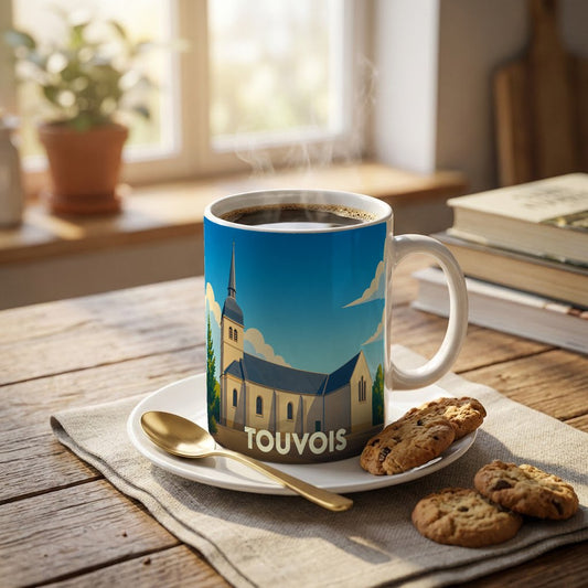 Mug souvenir de la ville de Touvois avec une illustration stylisée de son église.