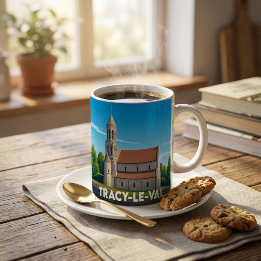 Mug souvenir de la ville de Tracy-le-Val avec une illustration stylisée de son église.