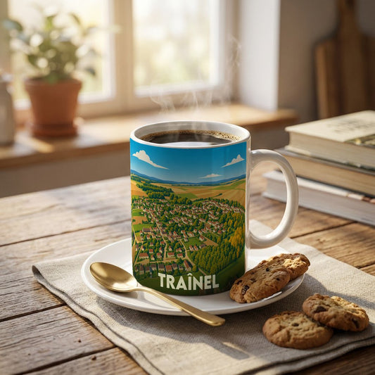 Mug souvenir de la ville de Traînel orné d'une illustration panoramique et stylisée de la commune.