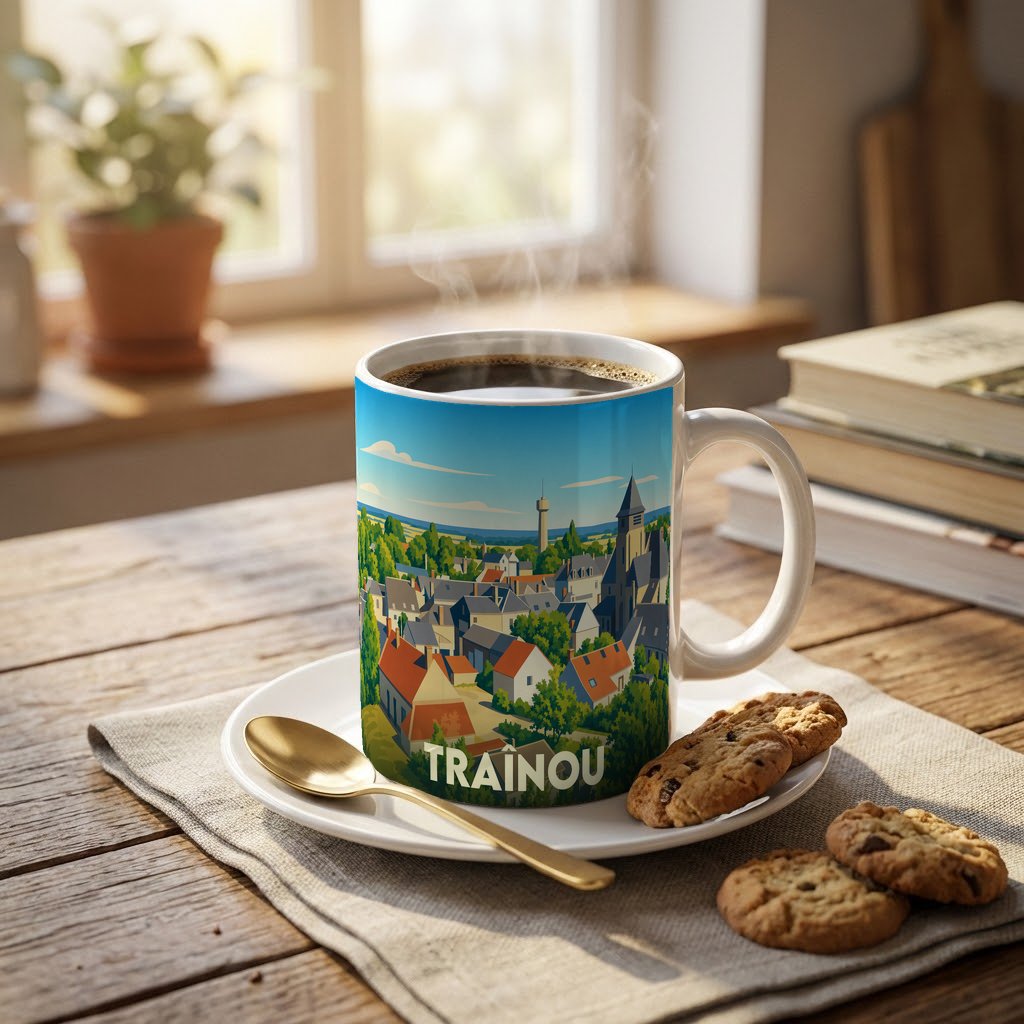 Mug souvenir de la ville de Traînou orné d'une illustration stylisée du village et de son église.
