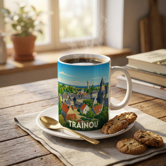 Mug souvenir de la ville de Traînou orné d'une illustration stylisée du village et de son église.