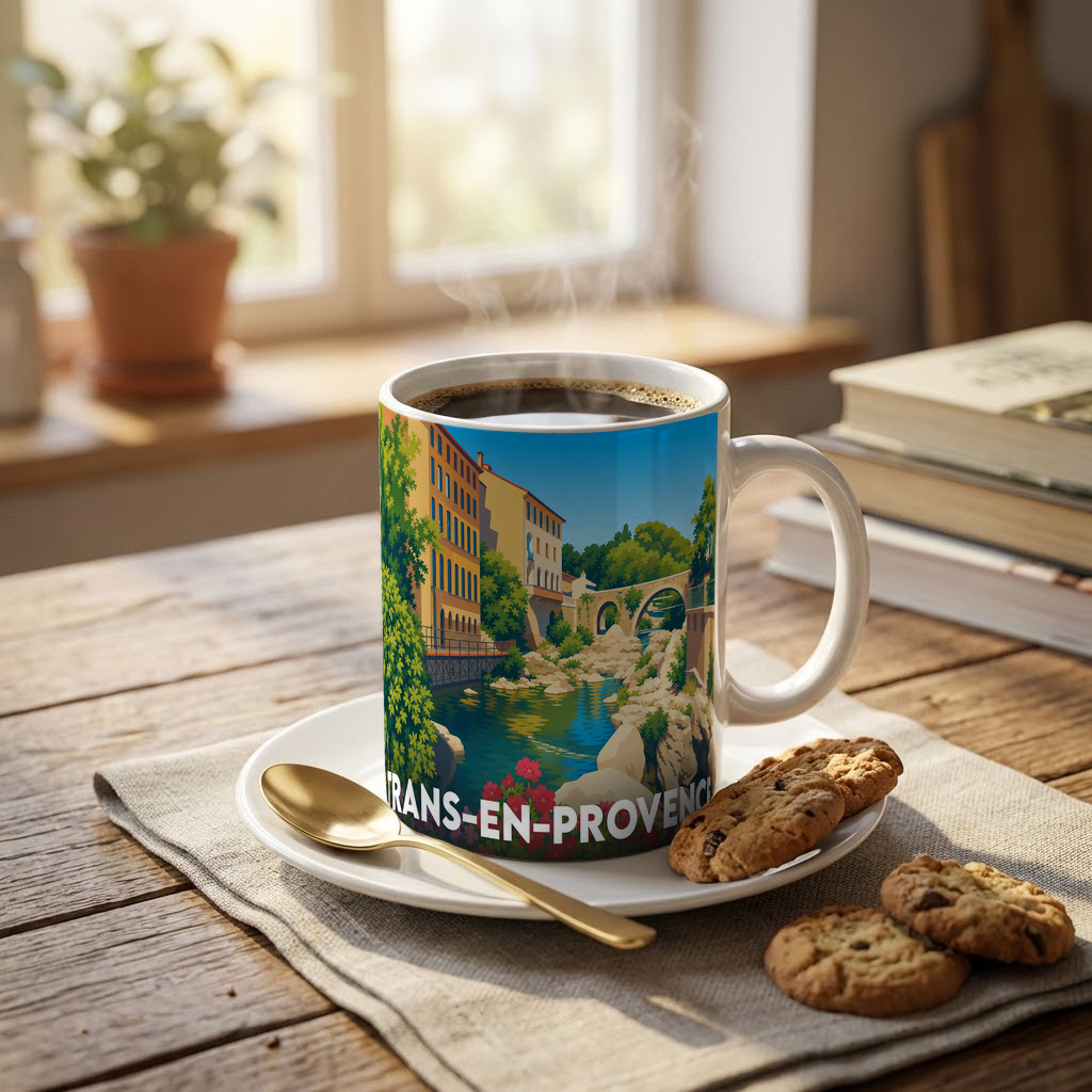 Mug souvenir de la ville de Trans-en-Provence orné d'une illustration stylisée de ses paysages provençaux.