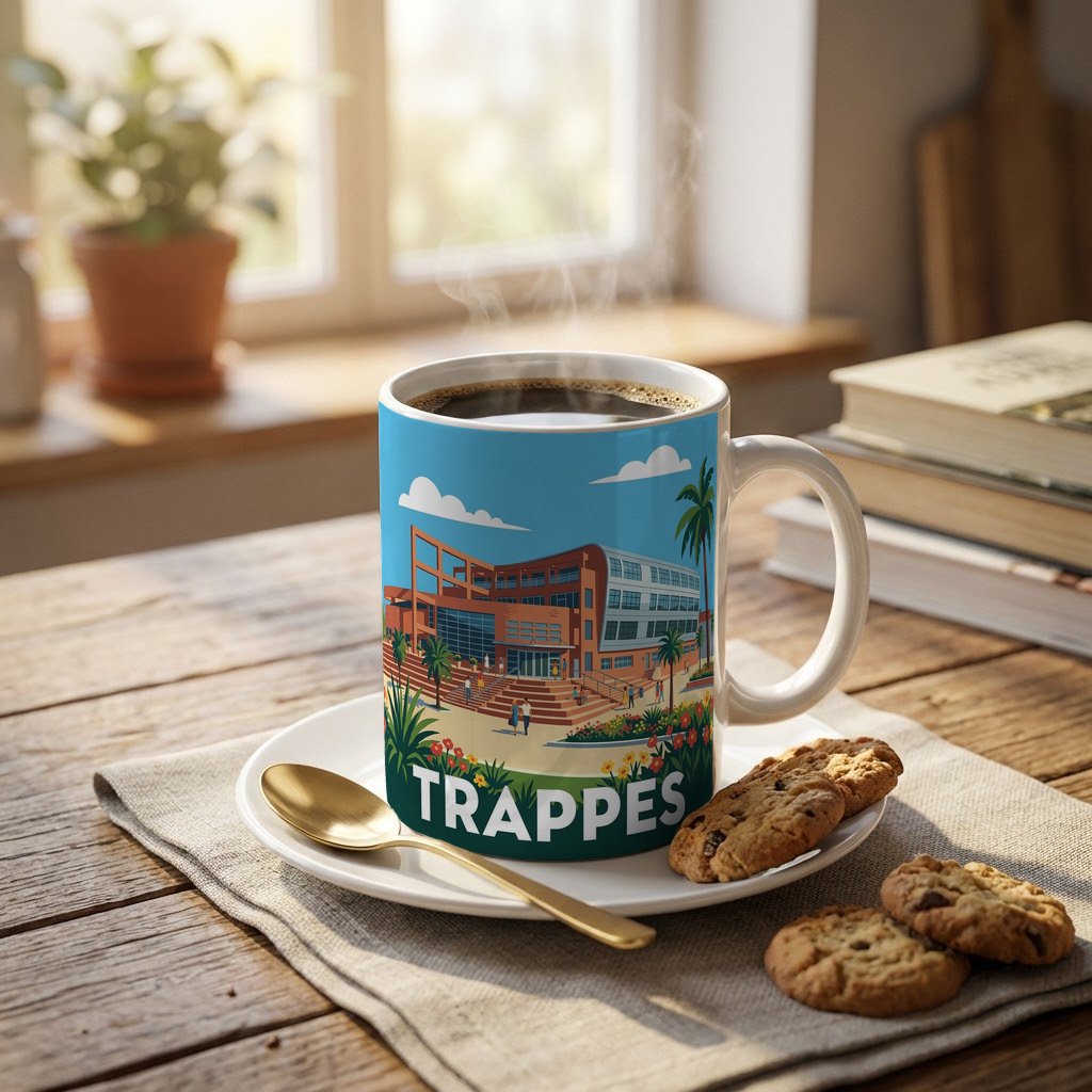 Mug souvenir de la ville de Trappes avec une illustration stylisée et colorée.
