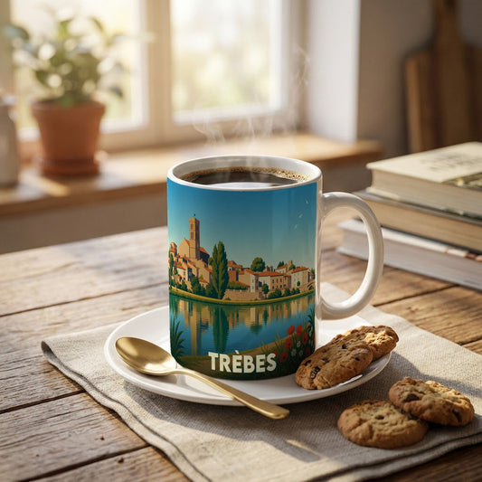 Mug souvenir de la ville de Trèbes avec une illustration stylisée des bords de l'Aude.