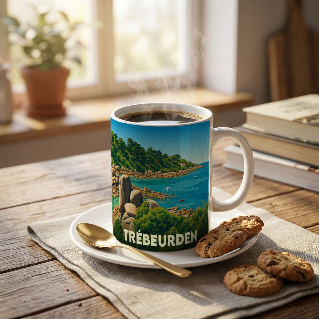 Mug souvenir de la ville de Trébeurden orné d'une illustration stylisée de sa côte rocheuse.