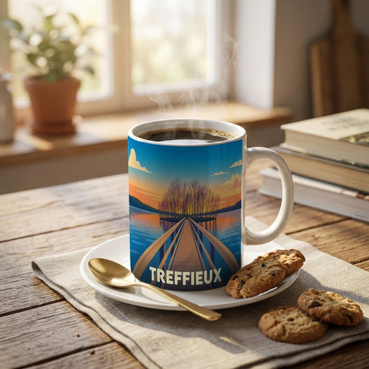 Mug souvenir de la ville de Treffieux orné d'une illustration stylisée d'un lac au coucher du soleil.