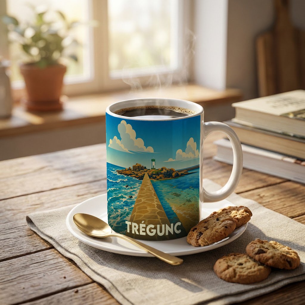 Mug souvenir de la ville de Trégunc orné d'une illustration stylisée de son littoral.