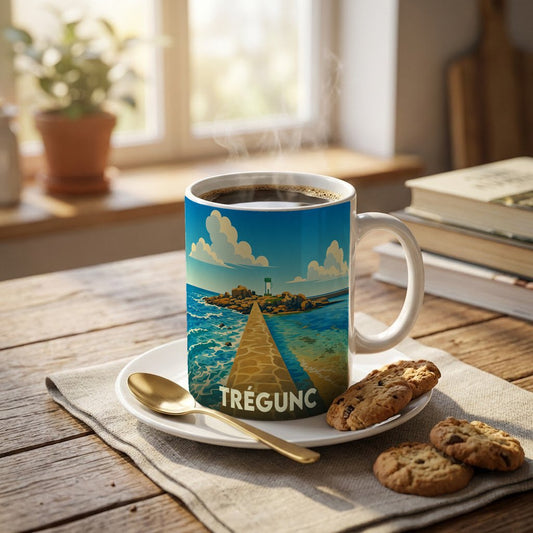 Mug souvenir de la ville de Trégunc orné d'une illustration stylisée de son littoral.